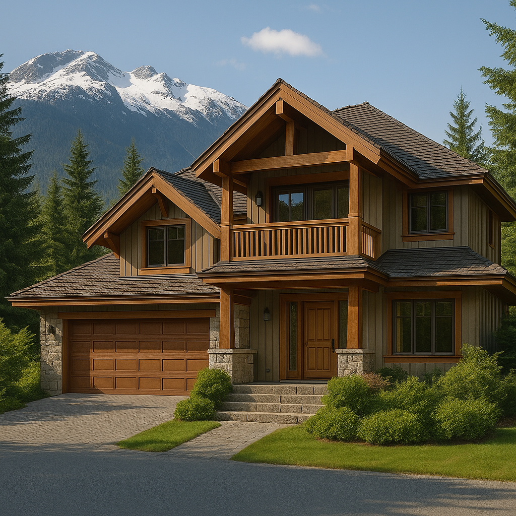 Two-story alpine-style vacation home with wood and stone exterior, set against a backdrop of snow-capped mountains and evergreen trees in Whistler, BC.