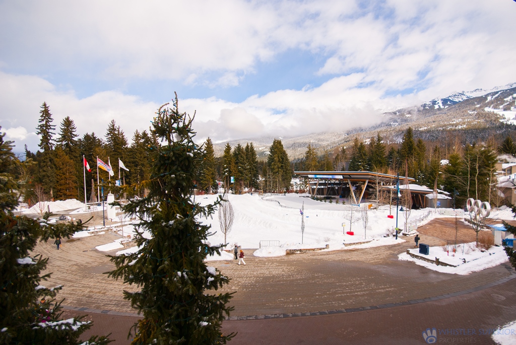 View of Whistler Olympic Plaza from the deck of Tyndall Stone Lodge #311