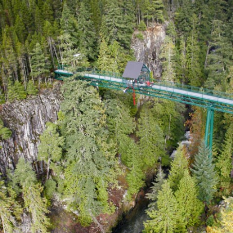 Aerial view of the Whistler Bungee bridge over the Cheakamus River